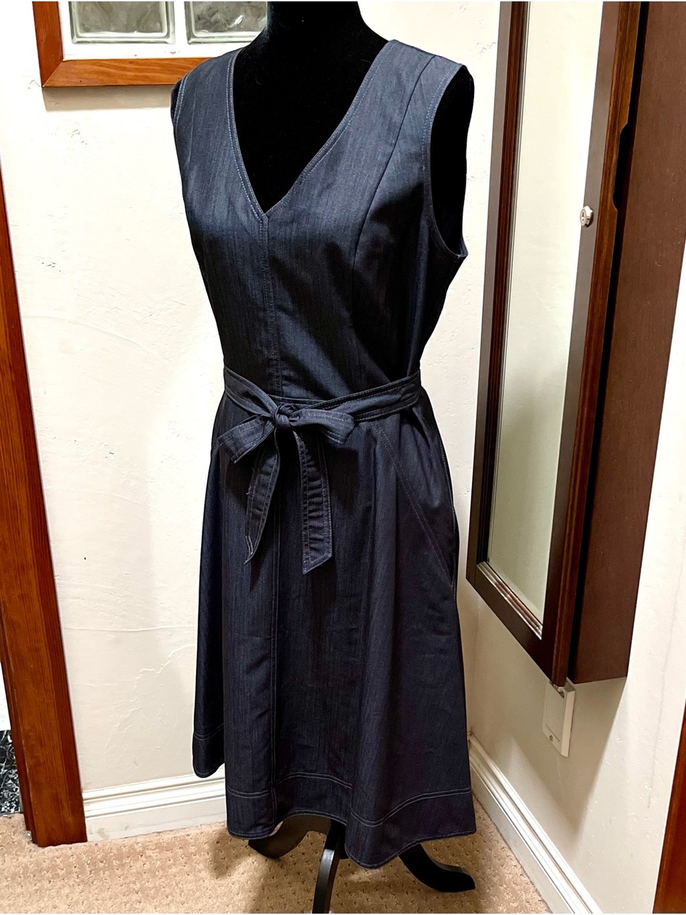 DKNY Sleeveless Denim Look V-Neck Dress